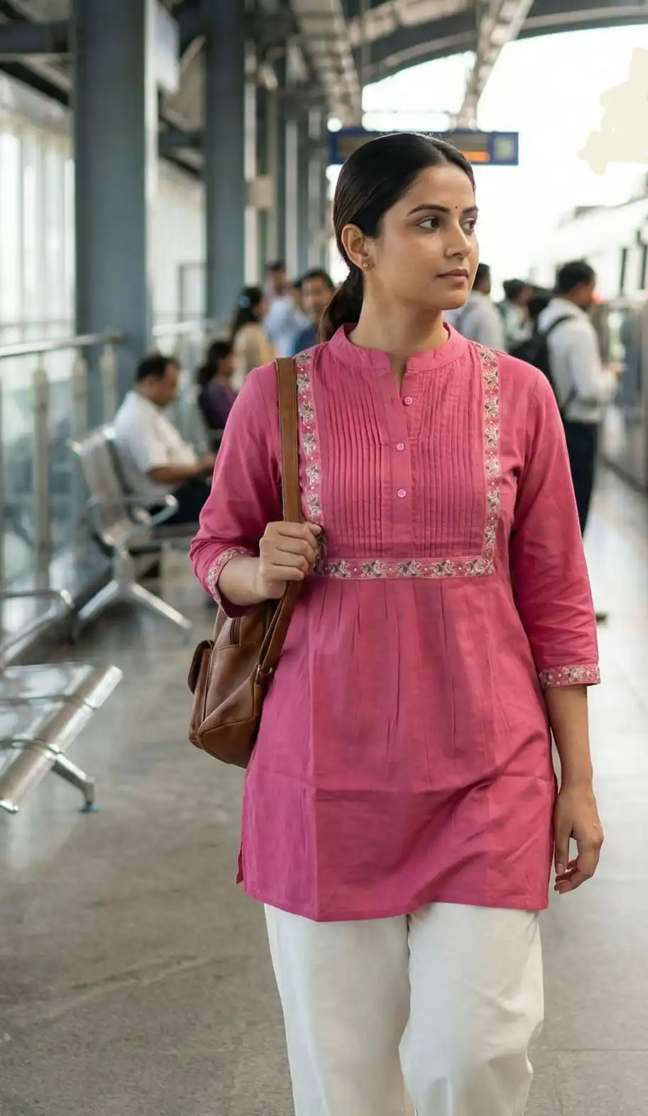 Peach Rayon Multi Embroidery Work Kurti