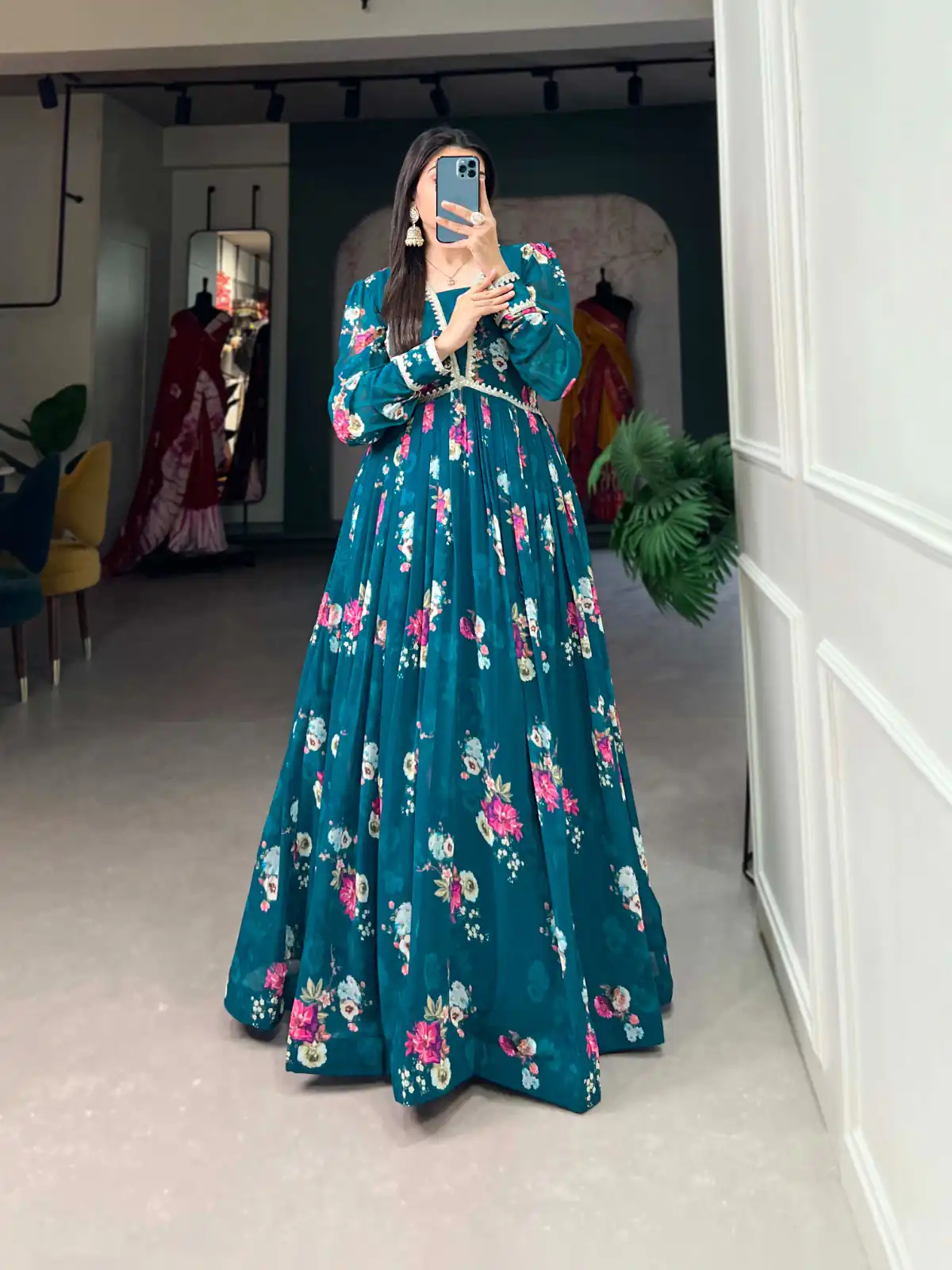  YNF 5029 Pine Green Color Exquisite Floral Georgette Printed Gown Casual, Wedding, Party, Festive, Events Etc. Expected Delivery 4-6 Working Days @1749/- | Gowns, Bollywood Gowns, Creative Gowns, Designer Gowns, Embroidered Gowns, Party Wear Gowns