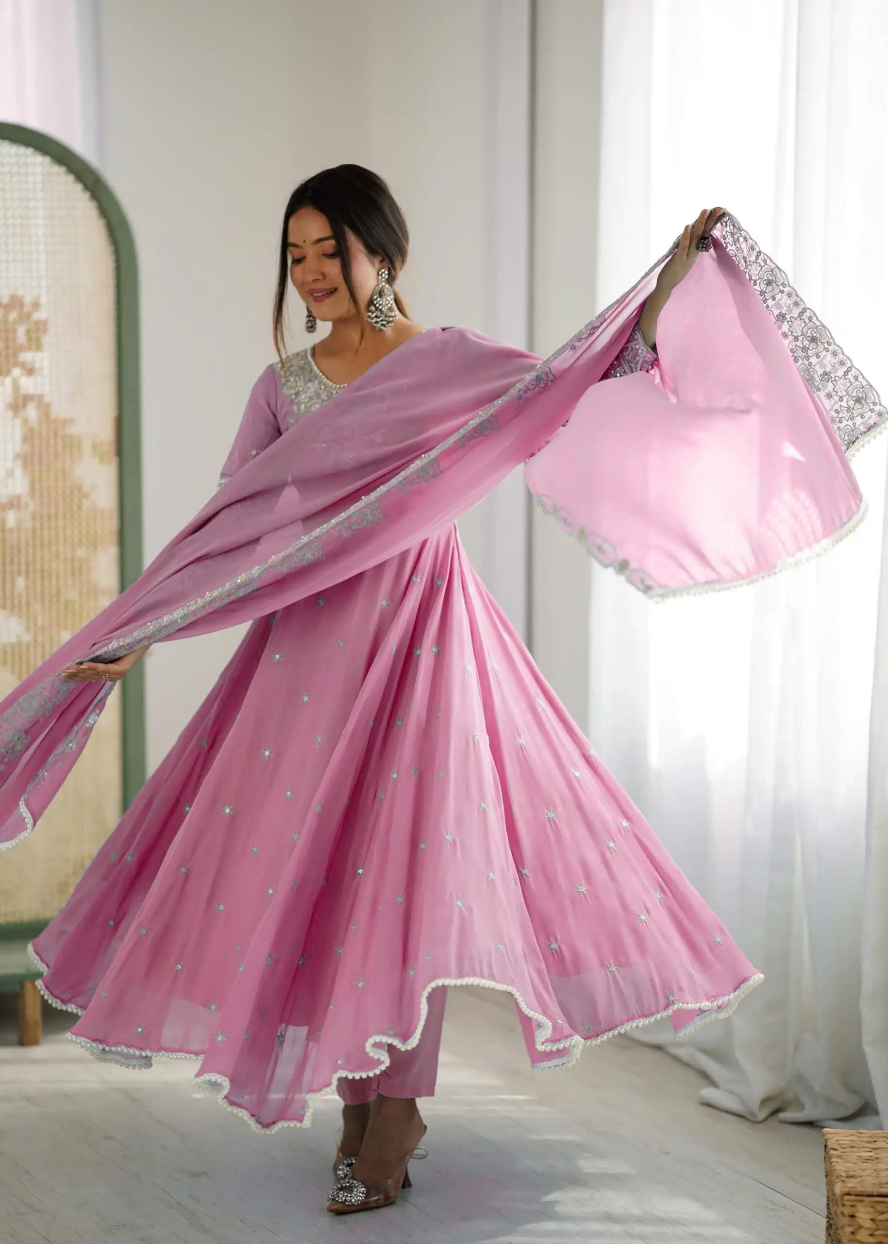 Pink Blooming Faux Embroidery Work Gown - Image 11