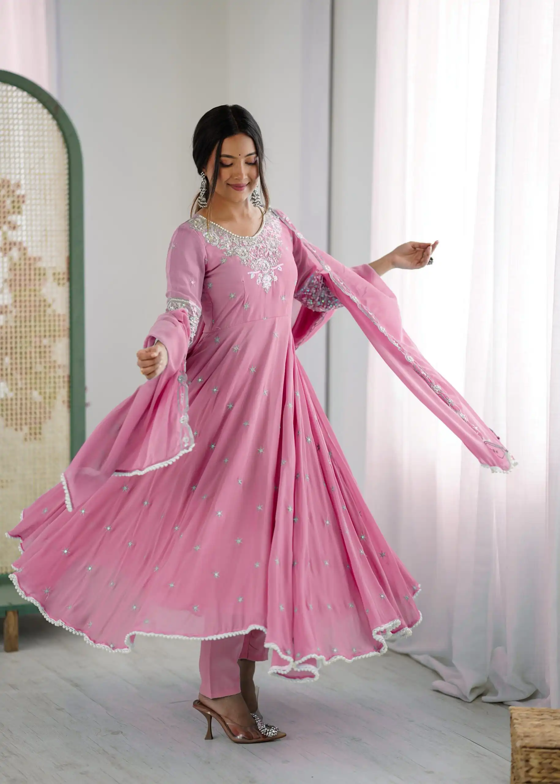 Pink Blooming Faux Embroidery Work Gown - Image 10