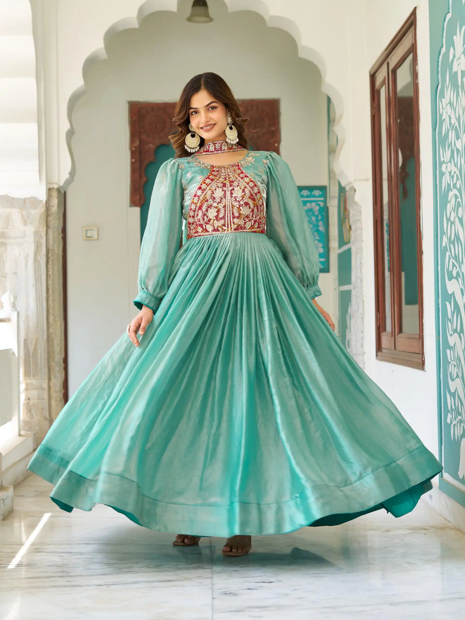 Ram 146 Pista Fendy Silk Gown With Embroidery Work. Special Price ₹2049. Wedding, Party, Festive, Events, Delivery 4-6 Working Days. Shop now. | Gowns, Bollywood Gowns, Creative Gowns, Designer Gowns, Embroidered Gowns, Party Wear Gowns