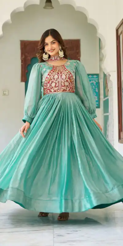Ram 146 Pista Fendy Silk Gown With Embroidery Work. Special Price ₹2049. Wedding, Party, Festive, Events, Delivery 4-6 Working Days. Shop now. | Gowns, Bollywood Gowns, Creative Gowns, Designer Gowns, Embroidered Gowns, Party Wear Gowns