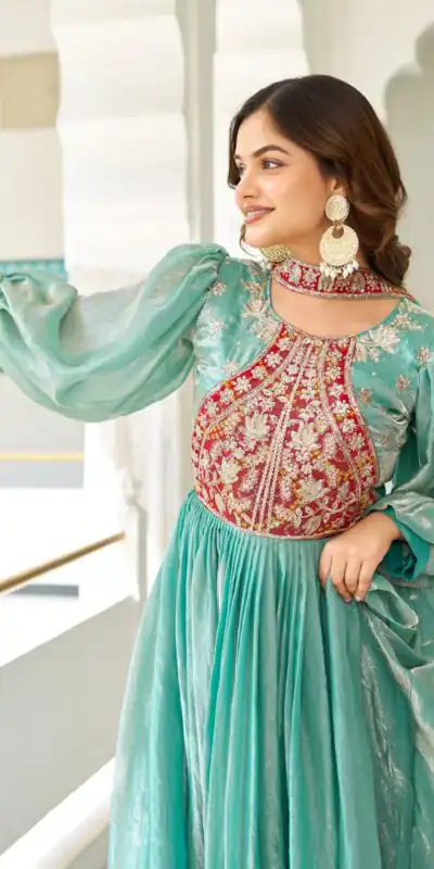 Ram 146 Pista Fendy Silk Gown With Embroidery Work. Special Price ₹2049. Wedding, Party, Festive, Events, Delivery 4-6 Working Days. Shop now. | Gowns, Bollywood Gowns, Creative Gowns, Designer Gowns, Embroidered Gowns, Party Wear Gowns