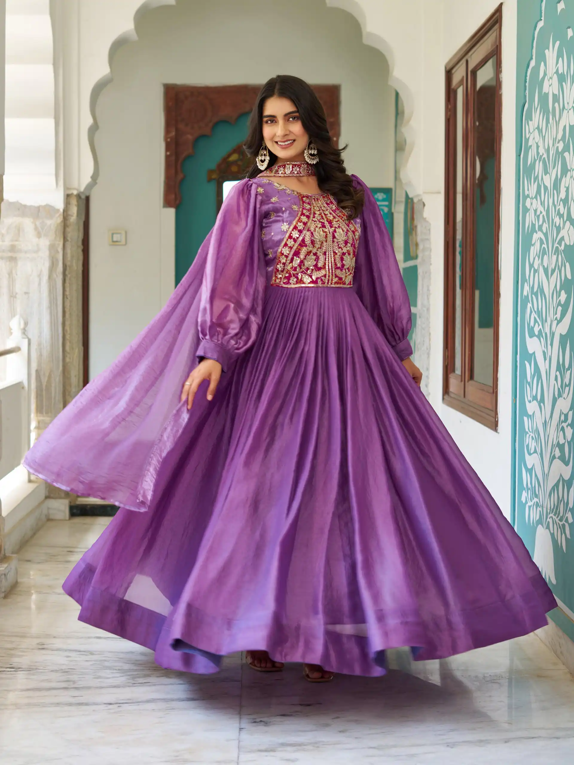 Ram 146 Purple Fendy Silk Gown With Embroidery Work. Special Price ₹2049. Wedding, Party, Festive, Events, Delivery 4-6 Working Days. Shop now. | Gowns, Bollywood Gowns, Creative Gowns, Designer Gowns, Embroidered Gowns, Party Wear Gowns