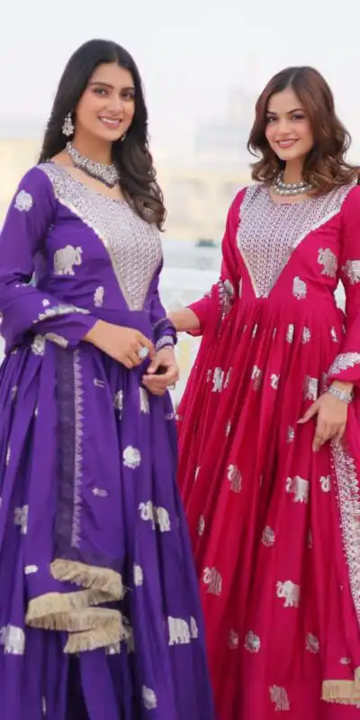 Ram 062 Purple Fox Georgette Gown Perfect for Wedding, Party, Family Gatherings, Durga Puja, Eid – . Festive Deal ₹1799. Delivery 4-6 Working Days. Shop no | Gowns, Bollywood Gowns, Creative Gowns, Designer Gowns, Embroidered Gowns, Party Wear Gowns