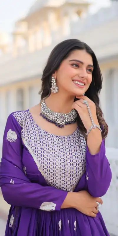 Ram 062 Purple Fox Georgette Gown Perfect for Wedding, Party, Family Gatherings, Durga Puja, Eid – . Festive Deal ₹1799. Delivery 4-6 Working Days. Shop no | Gowns, Bollywood Gowns, Creative Gowns, Designer Gowns, Embroidered Gowns, Party Wear Gowns