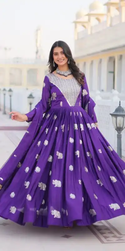 Ram 062 Purple Fox Georgette Gown Perfect for Wedding, Party, Family Gatherings, Durga Puja, Eid – . Festive Deal ₹1799. Delivery 4-6 Working Days. Shop no | Gowns, Bollywood Gowns, Creative Gowns, Designer Gowns, Embroidered Gowns, Party Wear Gowns