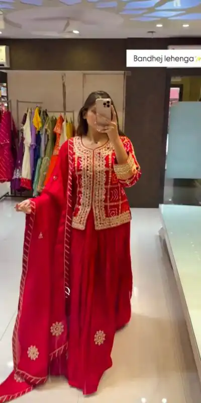Red Chinon Digital Print Embroidery Work Lehenga Choli