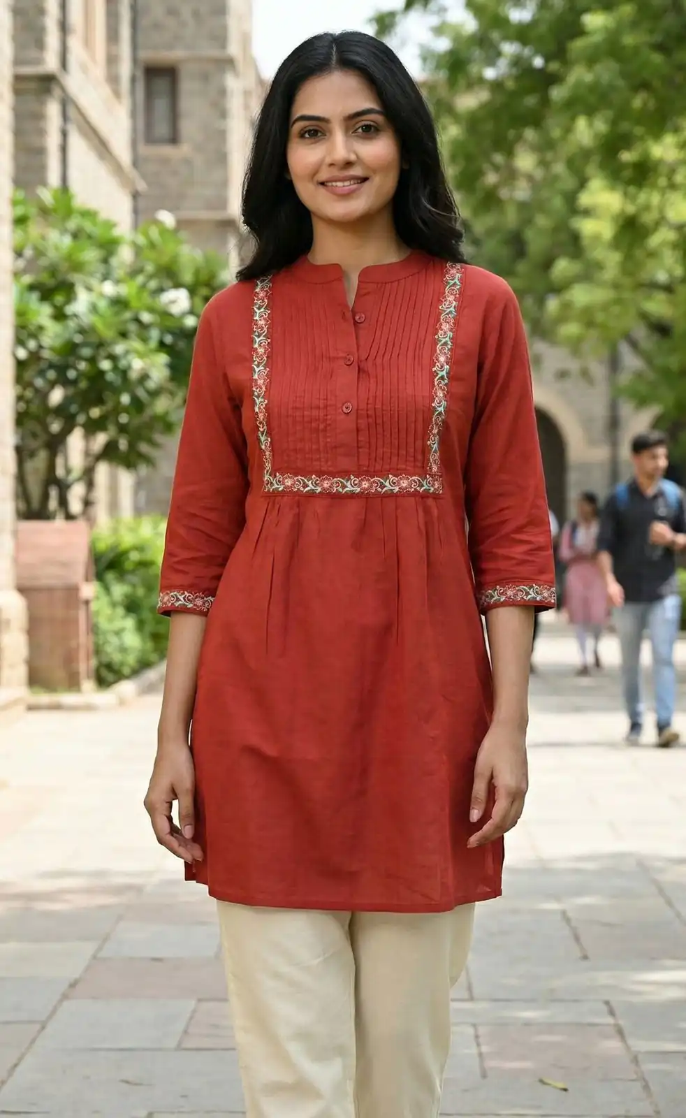 Rust Rayon Multi Embroidery Work Kurti
