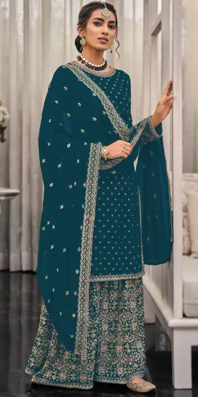 Teal Georgette Embroidery Lace Work Salwar Suit