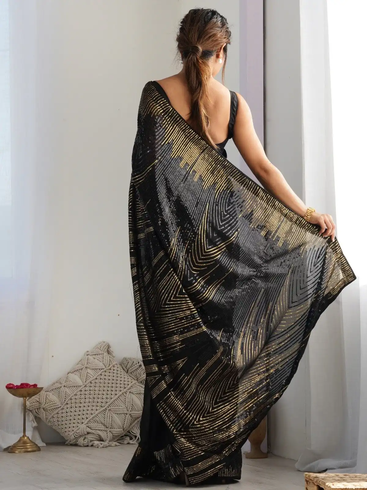 Black Georgette Sequence Lace Work Saree - Image 4