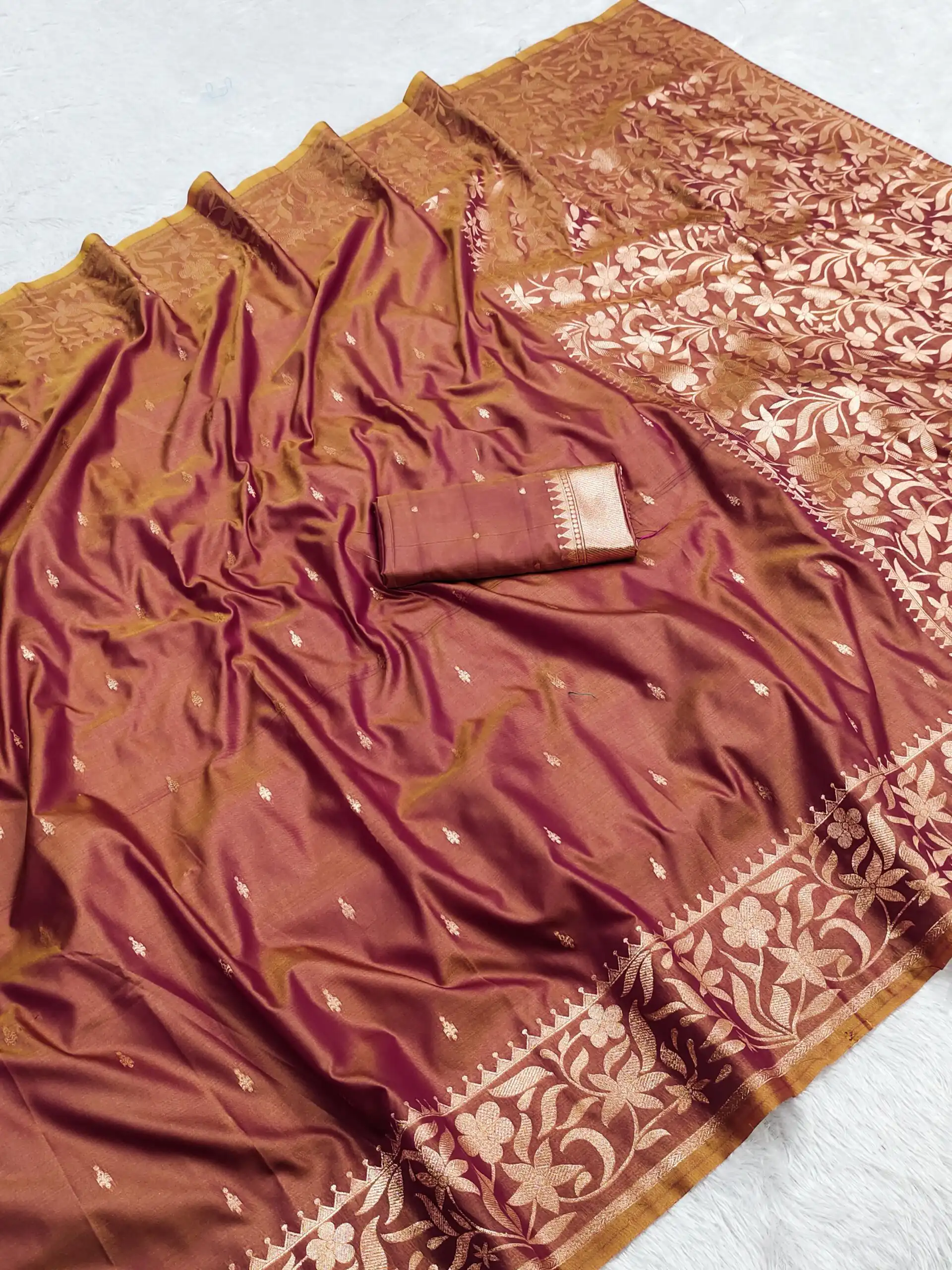 Rust Banarasi Silk Zari Weaving Lace Work Saree