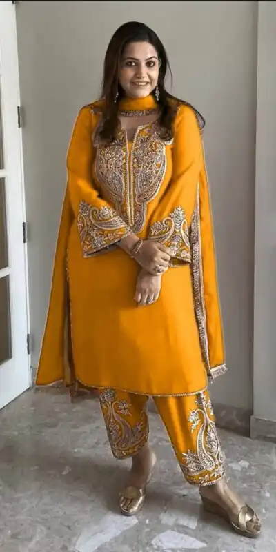 Yellow Chinnon Silk With Sequence Salwar Suit