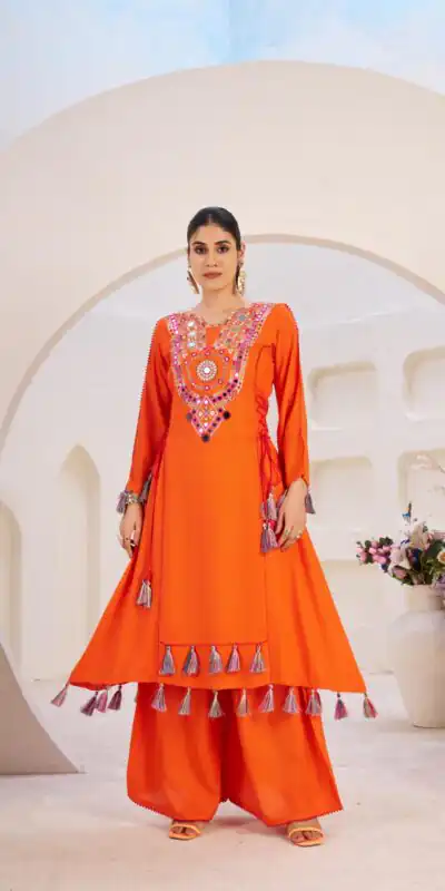 Orange Rayon Thread With Real Mirror Work Salwar Suit