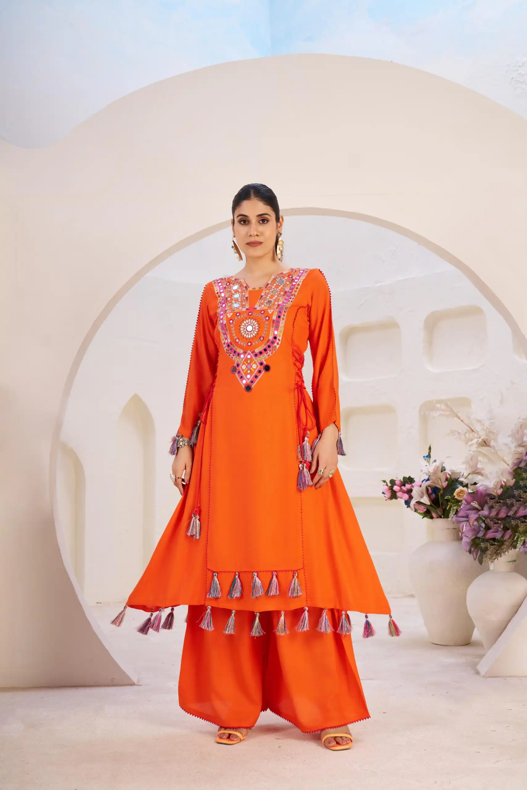 Orange Rayon Thread With Real Mirror Work Salwar Suit