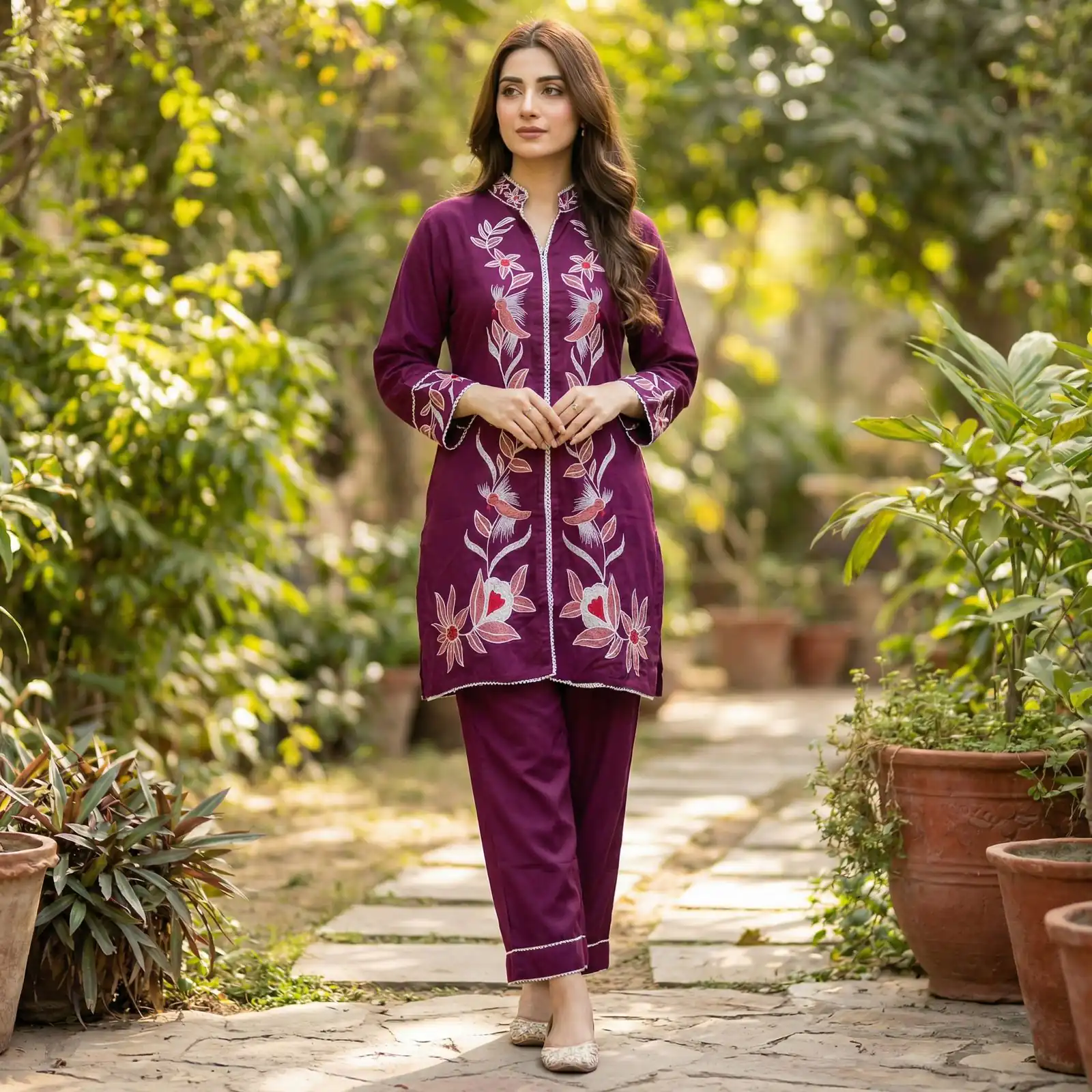 Wine Rayon With Embroidery Work Kurti