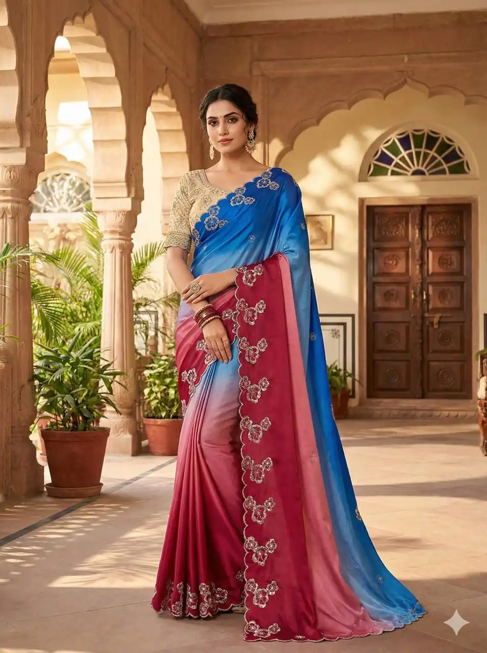 Pink Chinon Embroidery Work Saree