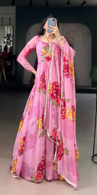 Pink Chiffon Floral Print Lace Work Gown