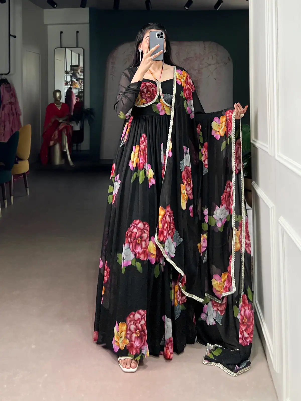 Black Chiffon Floral Print Lace Work Gown