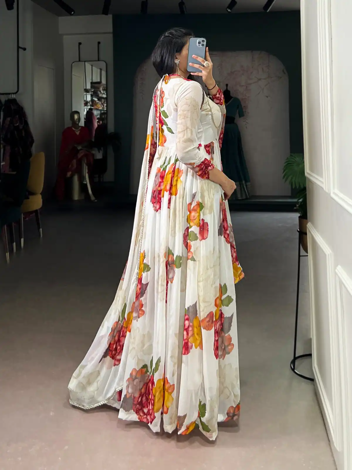 White Chiffon Floral Print Lace Work Gown - Image 3