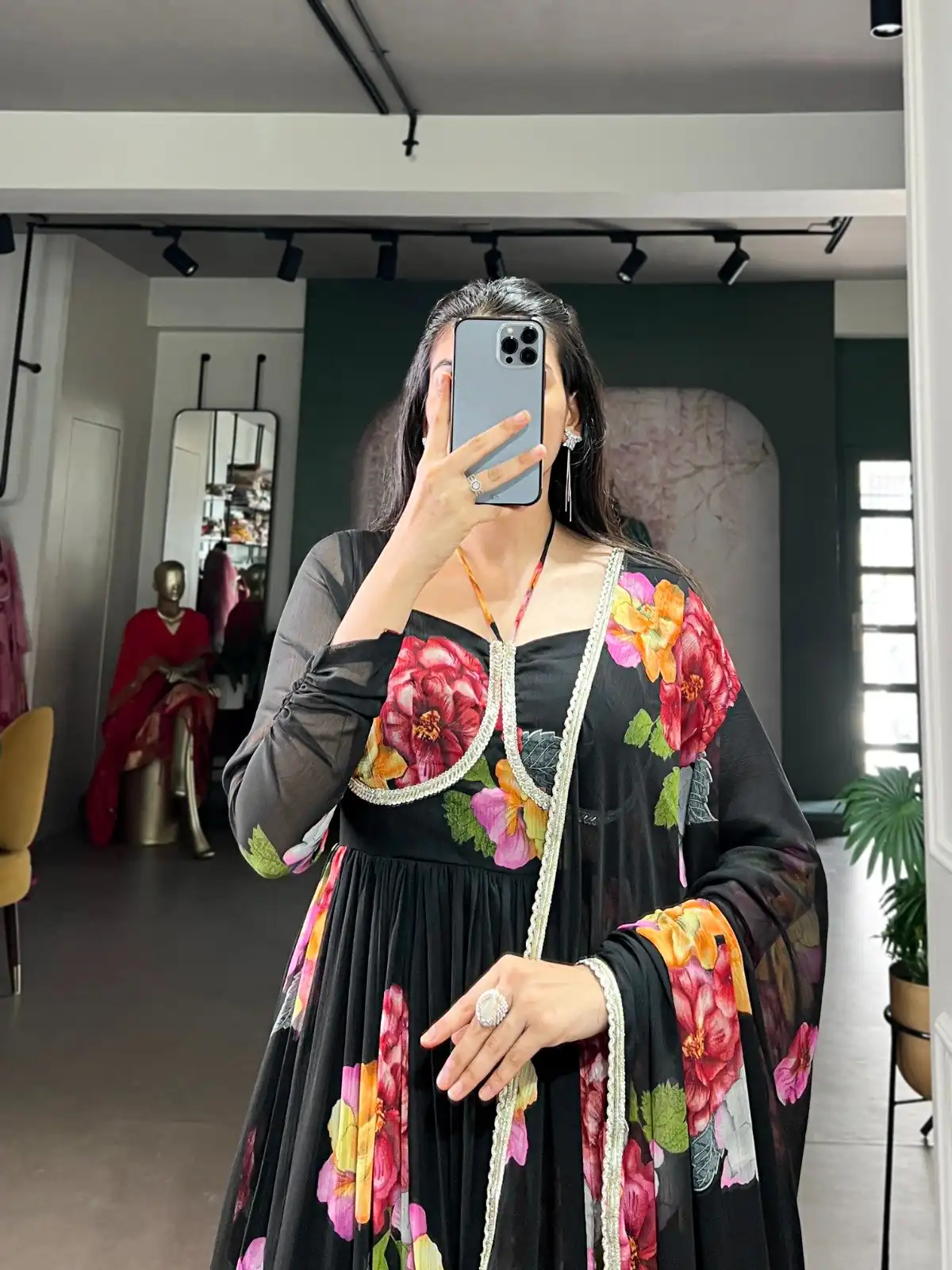 Black Chiffon Floral Print Lace Work Gown - Image 3