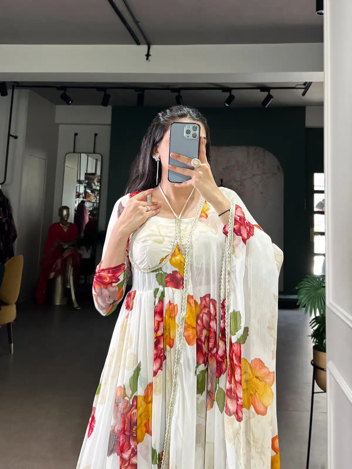 White Chiffon Floral Print Lace Work Gown - Image 4