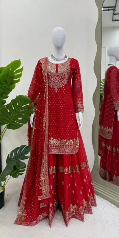 Red Faux Georgette Thread Work Salwar Suit
