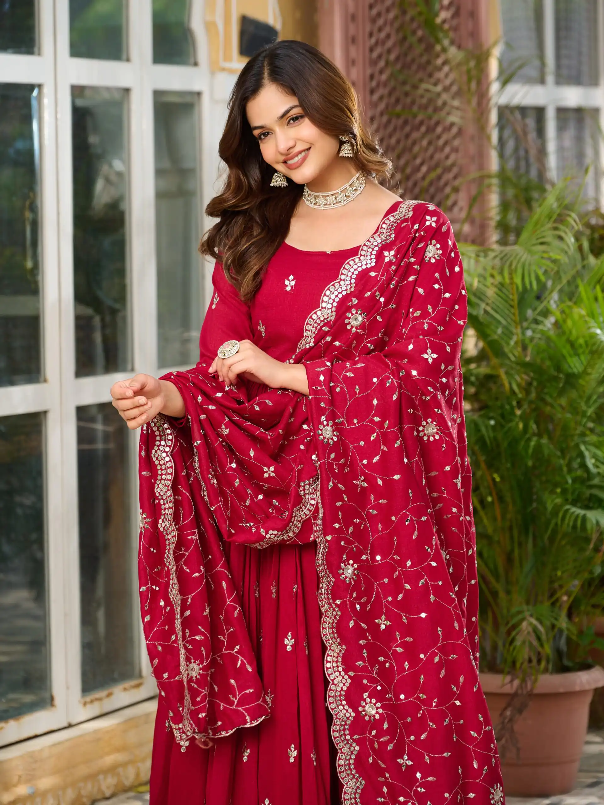 Red Vichitra Silk Embroidery Work Gown - Image 3