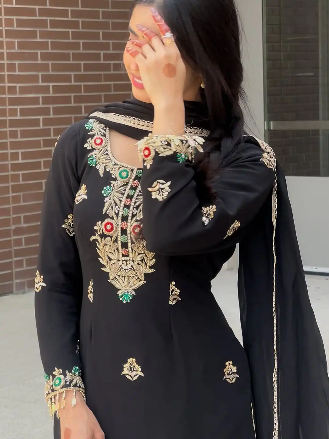 Black Chinon Silk Sequence Embroidery Work Salwar Suit - Image 3