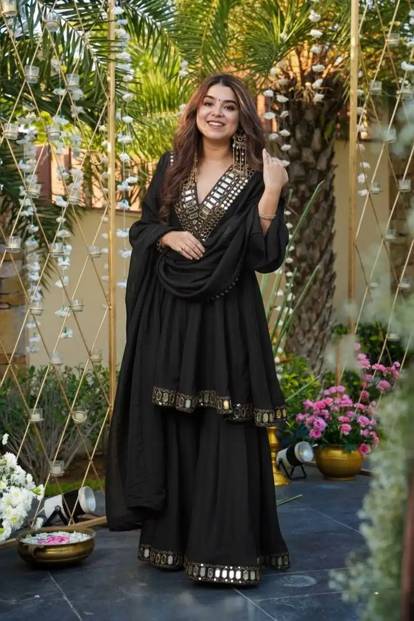 Black Cosmos Mirror Lace Work Salwar Suit