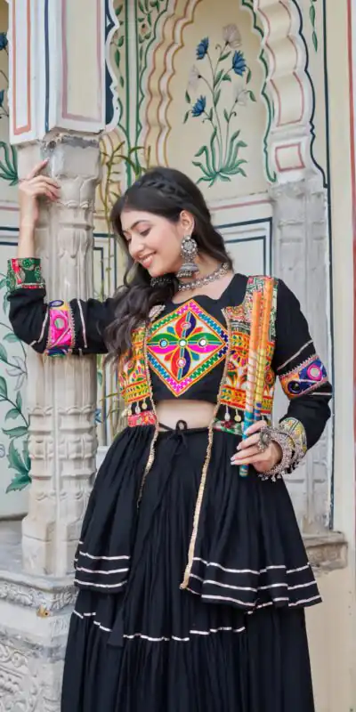 Ram 120 Black in Pure Cotton Mirror Work & Gamthi Work Lehenga Choli . Exclusive Offer ₹3049. Delivery 4-6 Working Days. Shop now. | Lehenga, Bollywood Lehenga, Creative Lehenga, Designer Lehenga, Embroidered Lehenga, Party Wear Lehenga