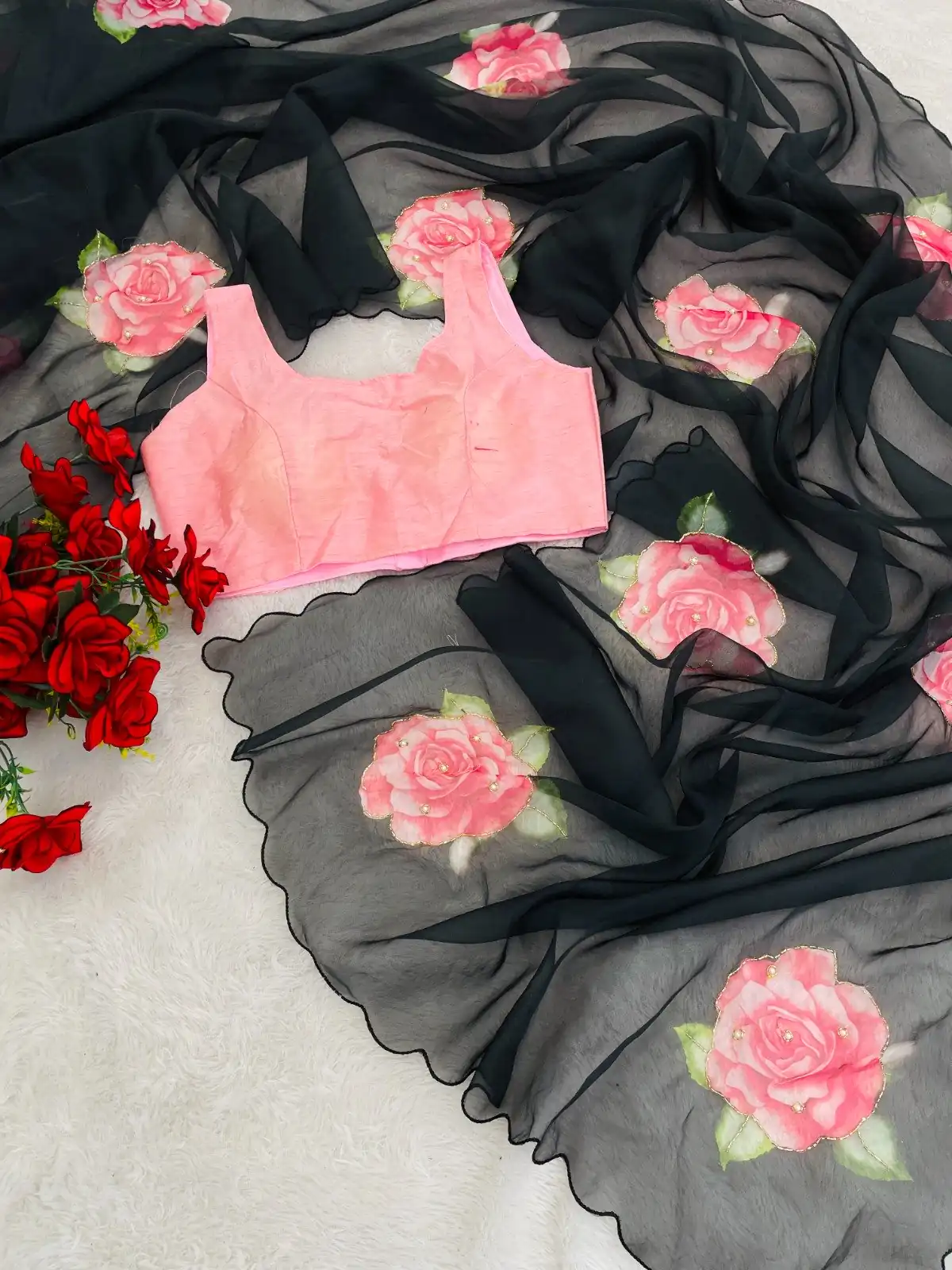 Black TB Organza Digital Print Saree - Image 2