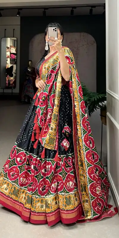 LNB 1684 Black Color Tussar Silk Patola Printed Lehenga Cho Festive Party Wedding, Events etc. Delivery 4-6 Working Days @2549/- | Lehenga, Bollywood Lehenga, Creative Lehenga, Designer Lehenga, Embroidered Lehenga, Party Wear Lehenga