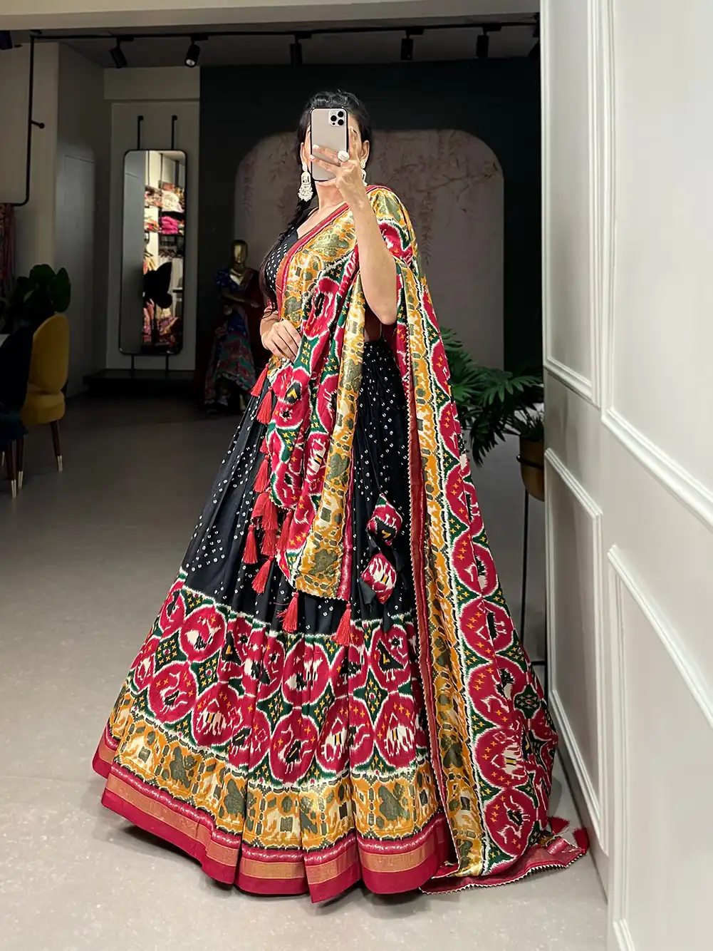 LNB 1684 Black Color Tussar Silk Patola Printed Lehenga Cho Festive Party Wedding, Events etc. Delivery 4-6 Working Days @2549/- | Lehenga, Bollywood Lehenga, Creative Lehenga, Designer Lehenga, Embroidered Lehenga, Party Wear Lehenga