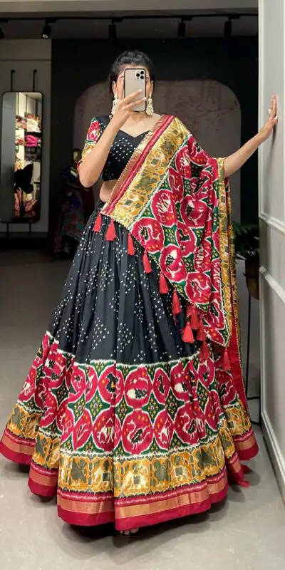 LNB 1684 Black Color Tussar Silk Patola Printed Lehenga Cho Festive Party Wedding, Events etc. Delivery 4-6 Working Days @2549/- | Lehenga, Bollywood Lehenga, Creative Lehenga, Designer Lehenga, Embroidered Lehenga, Party Wear Lehenga