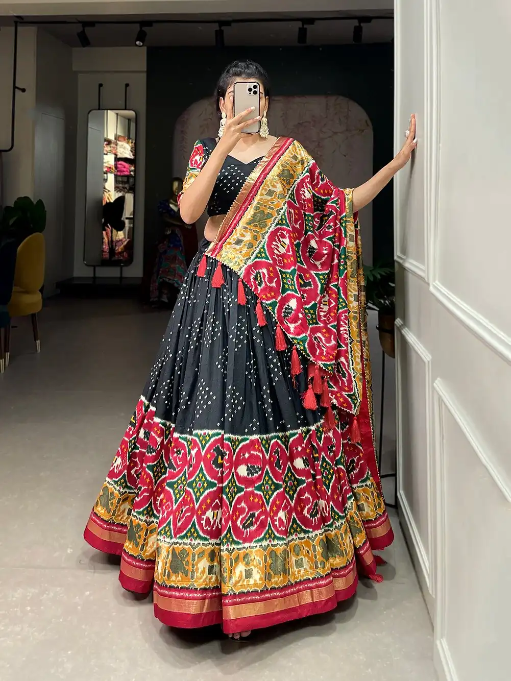 LNB 1684 Black Color Tussar Silk Patola Printed Lehenga Cho Festive Party Wedding, Events etc. Delivery 4-6 Working Days @2549/- | Lehenga, Bollywood Lehenga, Creative Lehenga, Designer Lehenga, Embroidered Lehenga, Party Wear Lehenga