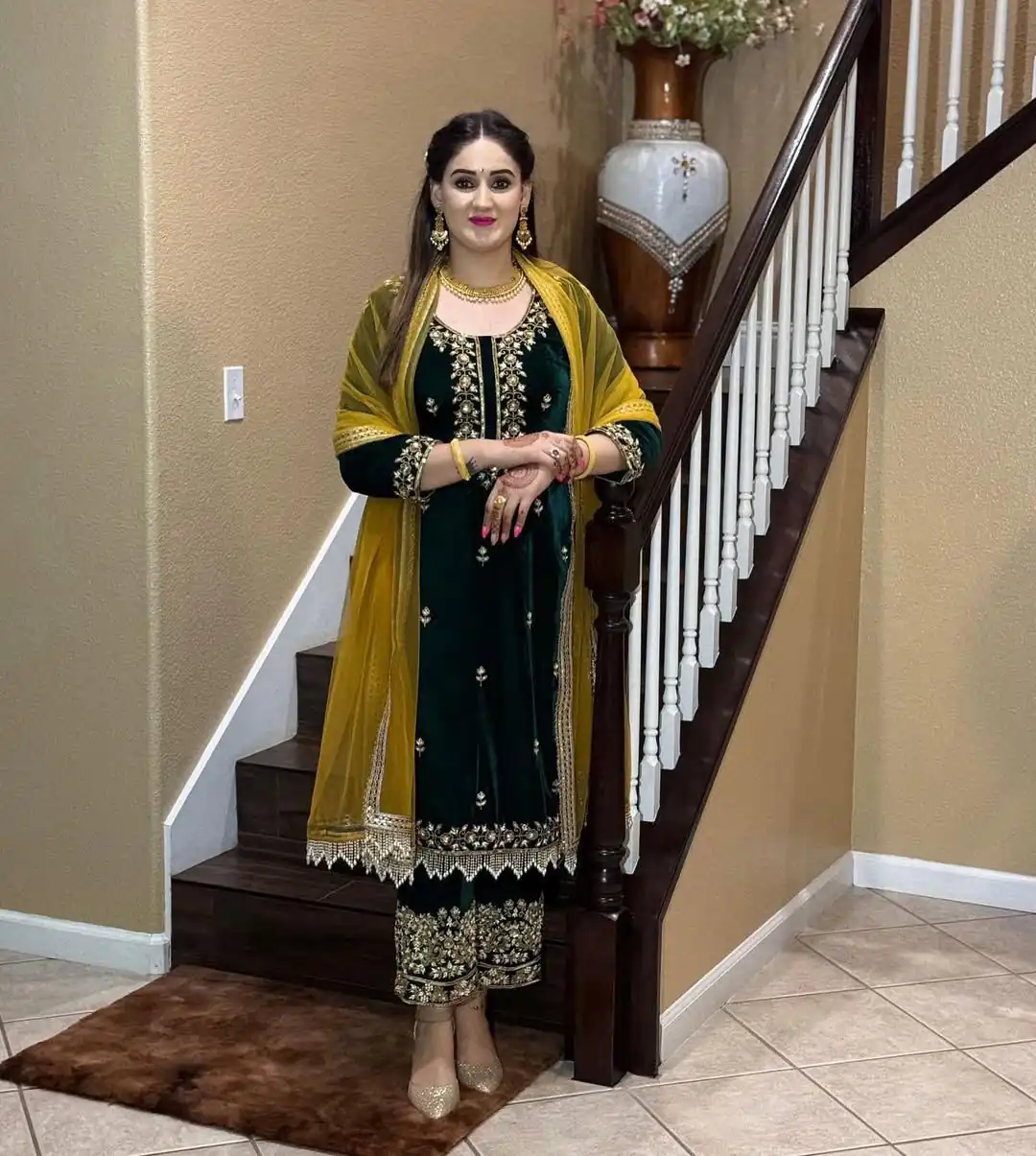 Black Velvet Embroidery Moti Lace Work Salwar Suit