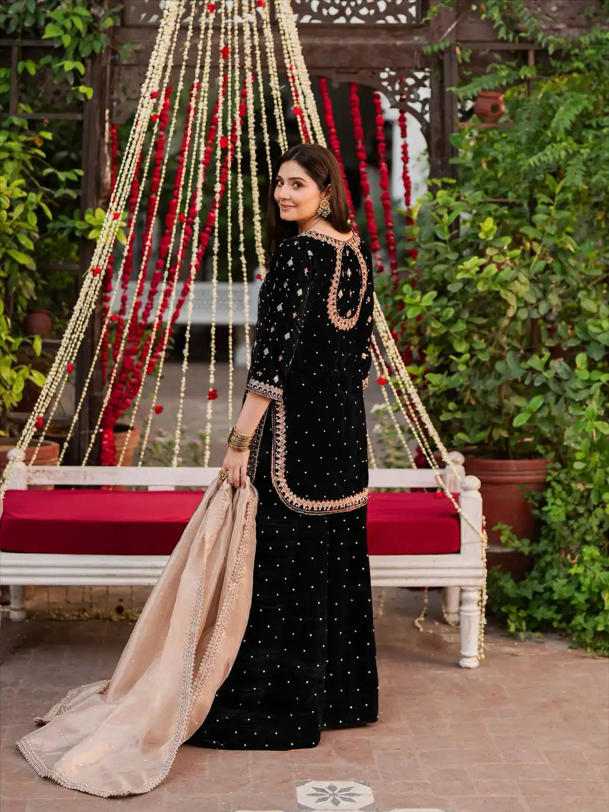 Black Viscose Velvet Thread Sequence Work Salwar Suit - Image 2
