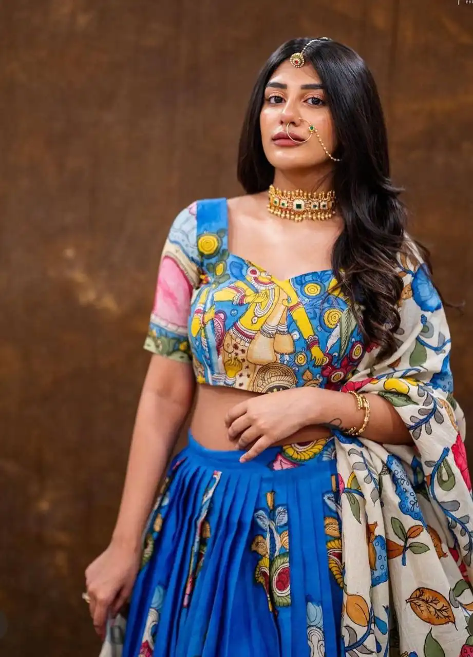 Blue Chent Crep Kalamkari Print Work Lehenga Choli - Image 4