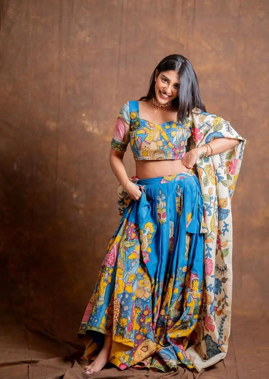 Blue Chent Crep Kalamkari Print Work Lehenga Choli - Image 2