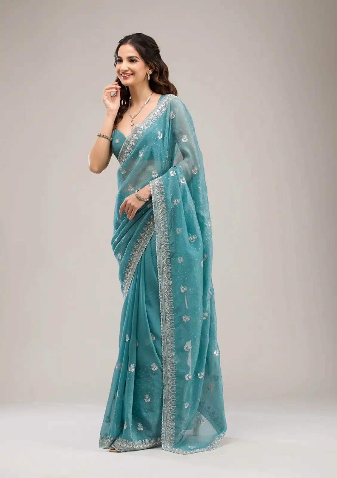 Blue Crunchy Ciffon Embroidery Zari Work Saree - Image 2