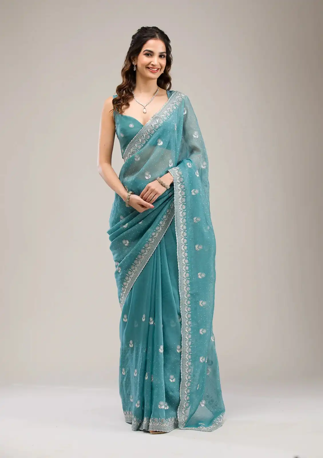 Blue Crunchy Ciffon Embroidery Zari Work Saree