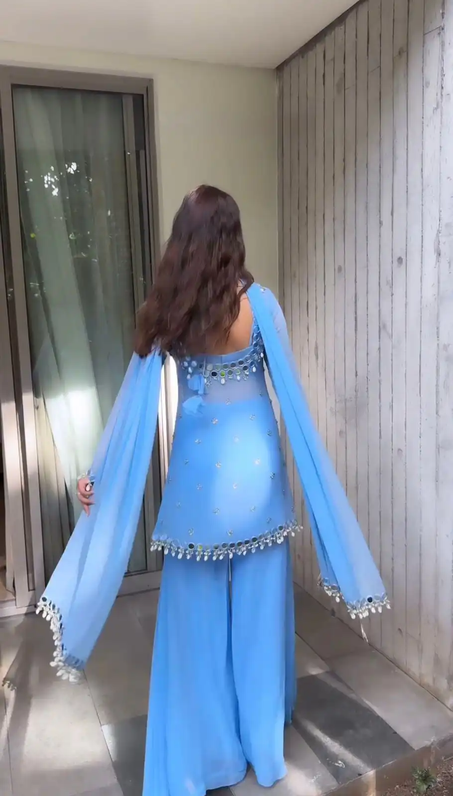 Blue Faux Georgette Cowrie Mirror Work Salwar Suit - Image 3