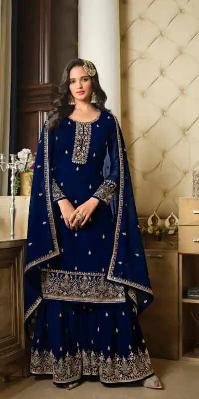 DS LT 8301 Blue color Georgette Embroidery Sequence Work Sharara Suit Wedding, Festive, Events Etc. Expected Delivery 4-6 Working Days @2149/- | Jump Suits, Salwar suit, Casual Suits, Creative suits, Designer Suits, Palazzo Suits, Party Wear Suits, Patiala Suits, Straight Suits