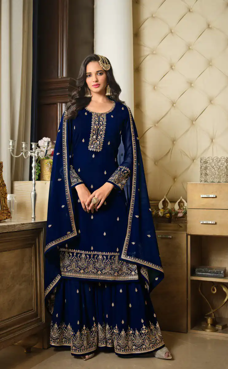DS LT 8301 Blue color Georgette Embroidery Sequence Work Sharara Suit Wedding, Festive, Events Etc. Expected Delivery 4-6 Working Days @2149/- | Jump Suits, Salwar suit, Casual Suits, Creative suits, Designer Suits, Palazzo Suits, Party Wear Suits, Patiala Suits, Straight Suits