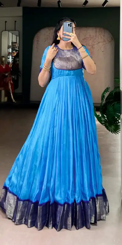 YNF 5012 Blue Mass Mello Gown with Zari Work. Available at ₹1799 only. Wedding, Party, Festive, Events Delivery 4-6 Working Days. Shop now. | Gowns, Bollywood Gowns, Creative Gowns, Designer Gowns, Embroidered Gowns, Party Wear Gowns