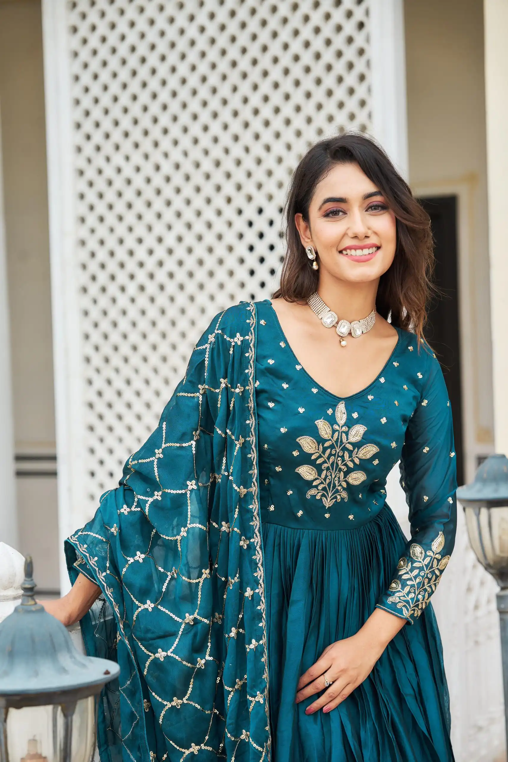 Ram 022 Blue Color Rangoli Sequence Embroidery Gown Casual, Wedding, Festive, Events Expected Delivery 4-6 Working Days @2099/- | Gowns, Bollywood Gowns, Creative Gowns, Designer Gowns, Embroidered Gowns, Party Wear Gowns