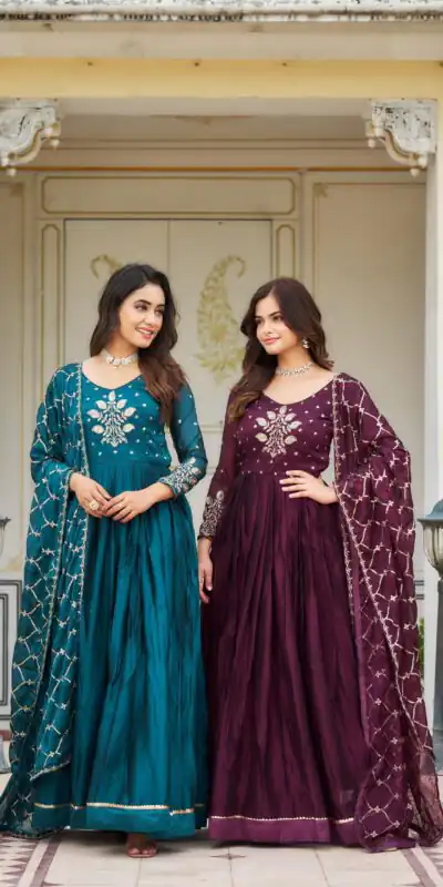 Ram 022 Blue Color Rangoli Sequence Embroidery Gown Casual, Wedding, Festive, Events Expected Delivery 4-6 Working Days @2099/- | Gowns, Bollywood Gowns, Creative Gowns, Designer Gowns, Embroidered Gowns, Party Wear Gowns