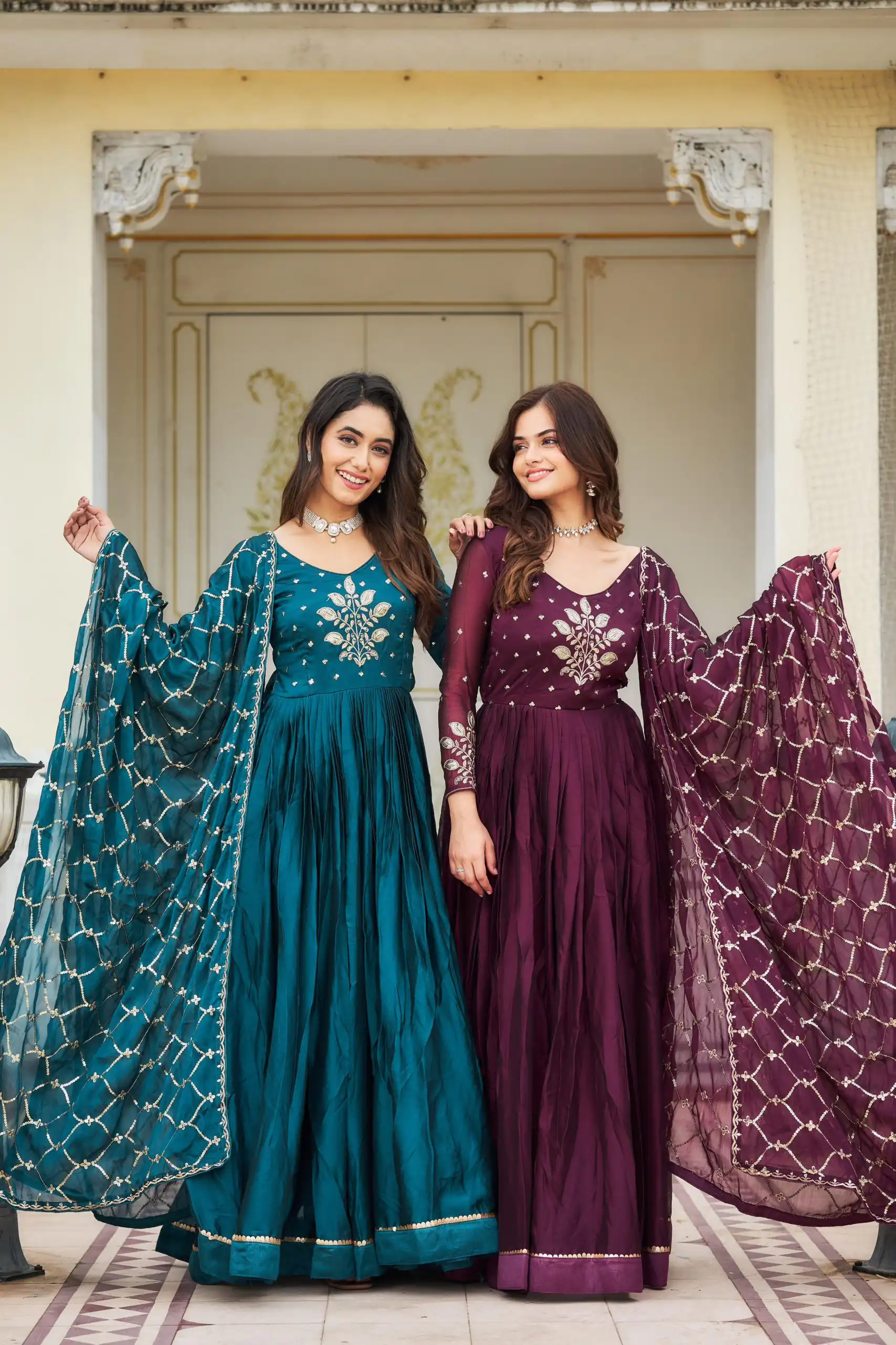 Ram 022 Blue Color Rangoli Sequence Embroidery Gown Casual, Wedding, Festive, Events Expected Delivery 4-6 Working Days @2099/- | Gowns, Bollywood Gowns, Creative Gowns, Designer Gowns, Embroidered Gowns, Party Wear Gowns