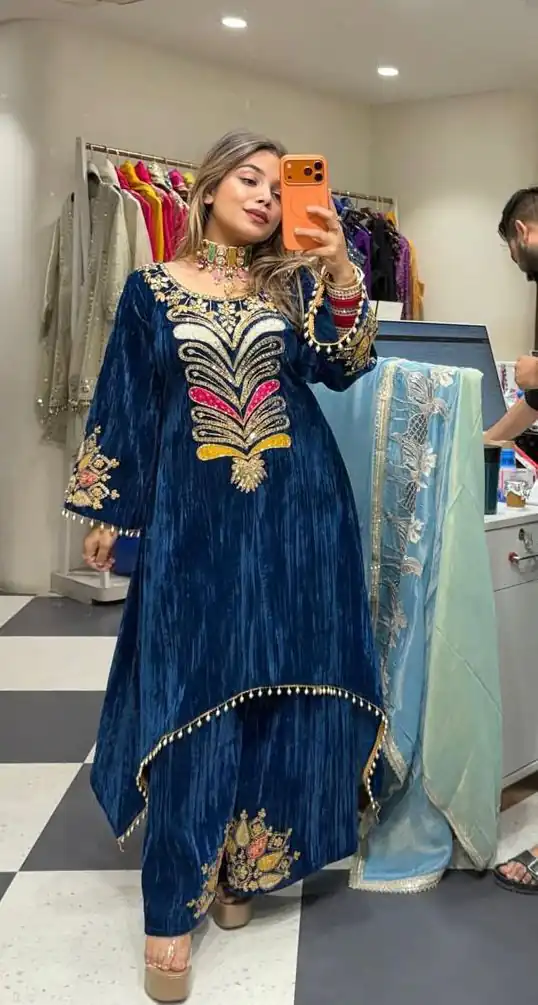 LG 2042 Blue Velvet Salwar Suit with Embroidery Work. Wedding, Party, Festive, Events, Festive Deal ₹1999. Delivery 4-6 Working Days. Shop now. | Jump Suits, Tops & Bottoms, Track Suits, Salwar suit, Casual Suits, Creative suits, Designer Suits, Palazzo Suits, Party Wear Suits, Patiala Suits, Straight Suits, Trendy Wear